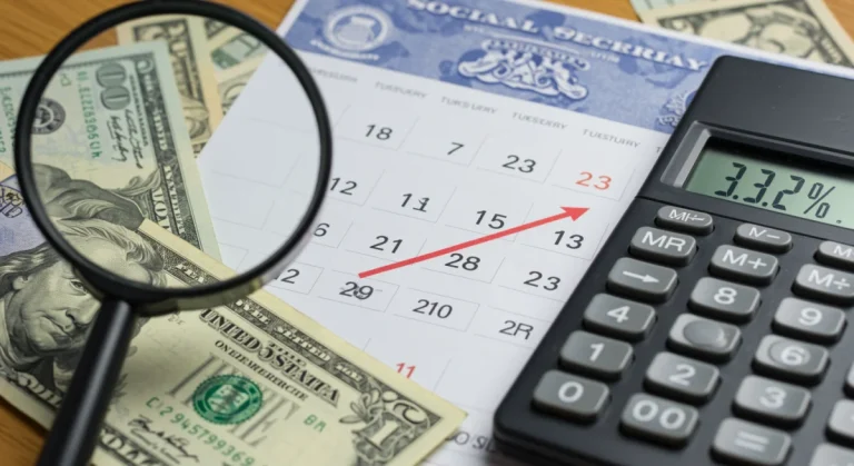 Calendar page showing 2026 with 3.2% COLA calculation and Social Security card