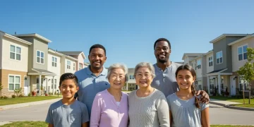 Family smiling in front of affordable housing complex, symbolizing housing assistance