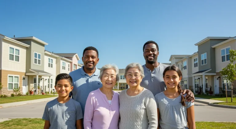 Family smiling in front of affordable housing complex, symbolizing housing assistance