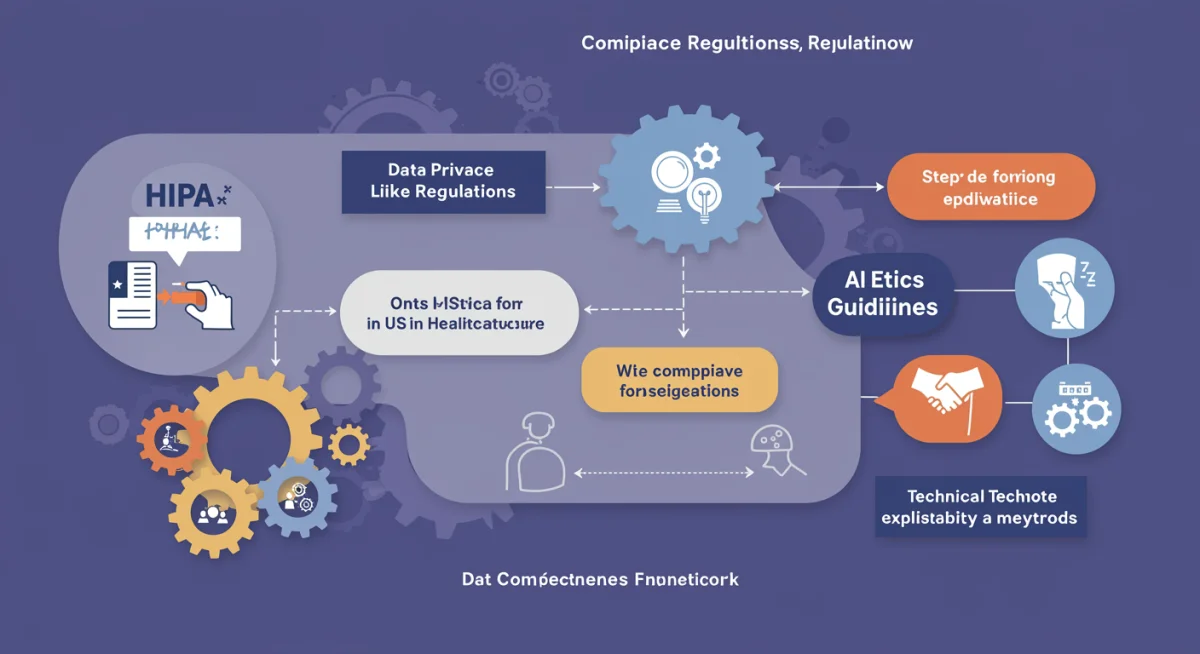Infographic depicting the complex interplay of AI ethics, data privacy, and regulatory compliance in healthcare.
