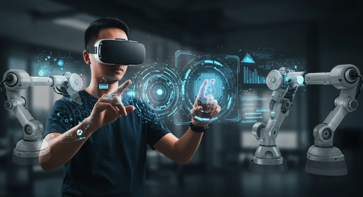 Individual interacting with AI and VR in future workspace