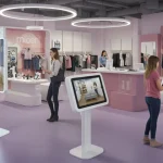 Customers engaging with augmented reality in a modern retail environment, showcasing virtual try-ons and interactive displays.