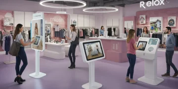 Customers engaging with augmented reality in a modern retail environment, showcasing virtual try-ons and interactive displays.