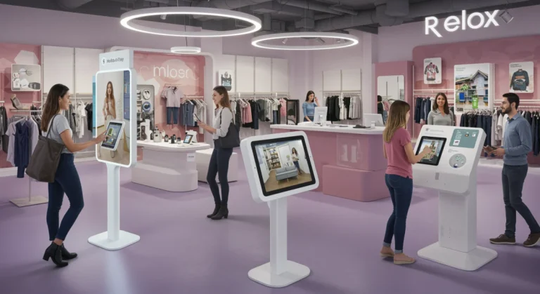 Customers engaging with augmented reality in a modern retail environment, showcasing virtual try-ons and interactive displays.
