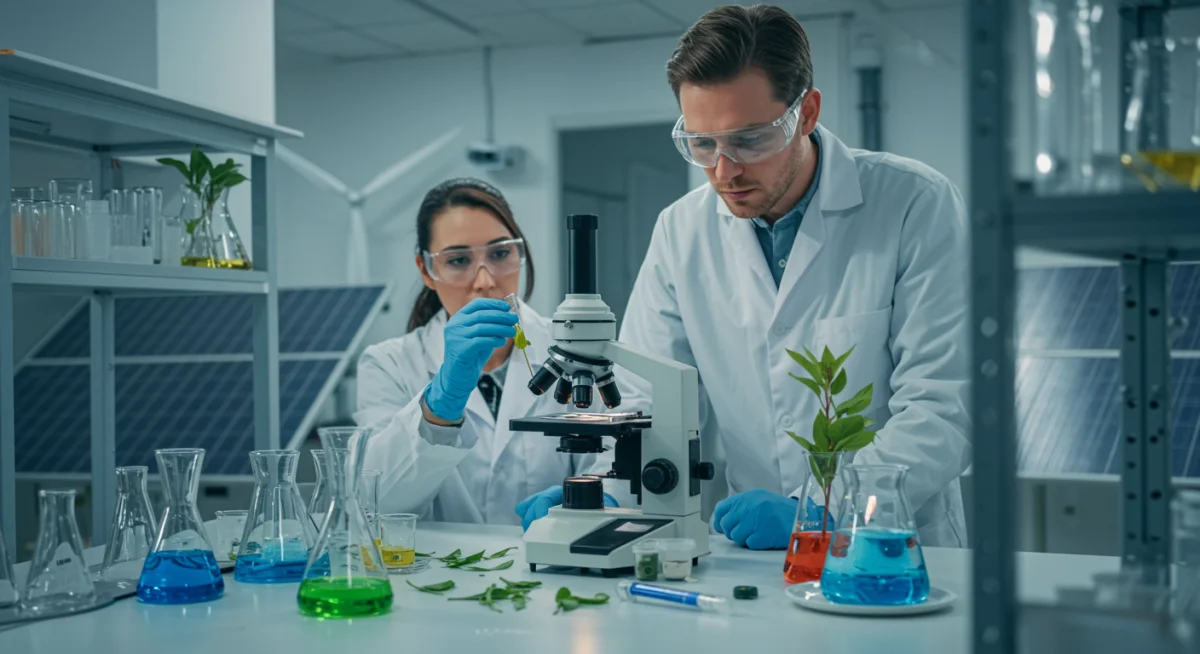 Biotechnology research in a lab with sustainable energy elements, highlighting green tech.
