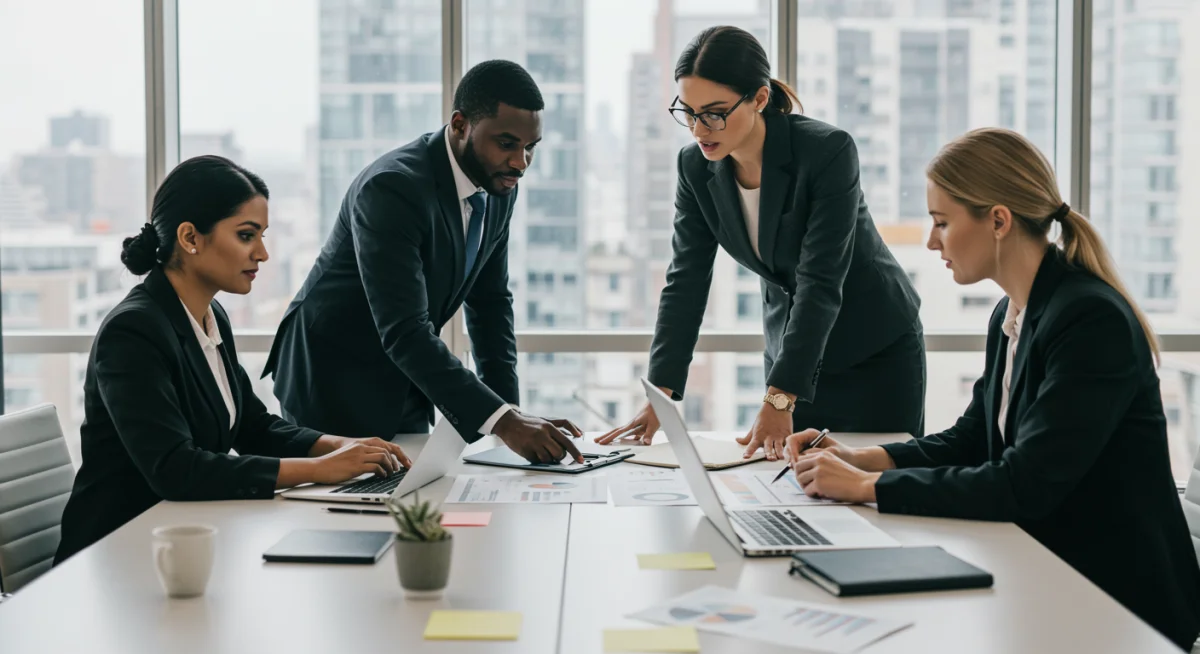 Business team reviewing financial data and adapting strategies for future economic conditions.