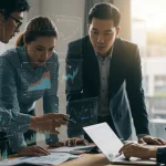 Business team analyzing financial data in a volatile economic climate