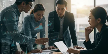 Business team analyzing financial data in a volatile economic climate