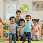 Happy children playing with a caring teacher at a modern child care center