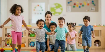 Happy children playing with a caring teacher at a modern child care center