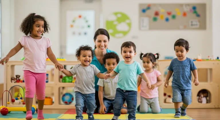 Happy children playing with a caring teacher at a modern child care center