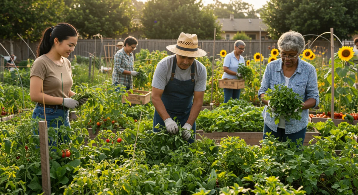 Diverse community members harvesting vegetables in a garden, illustrating the positive impact of food assistance.