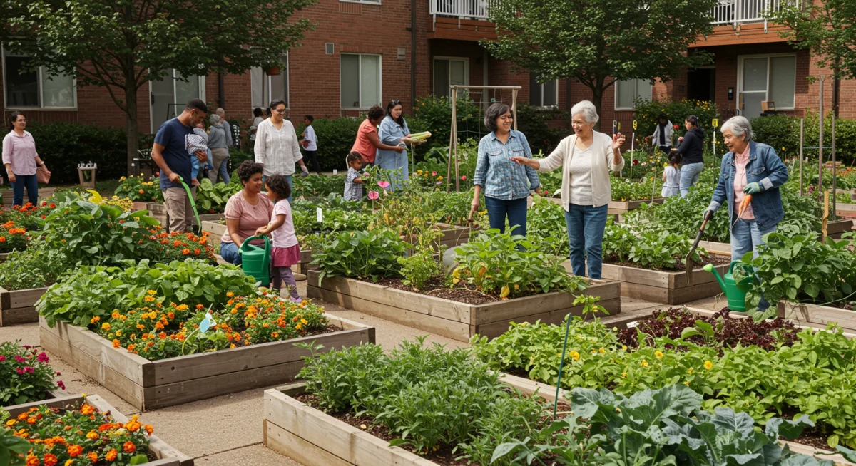 Residents engaged in community garden in public housing