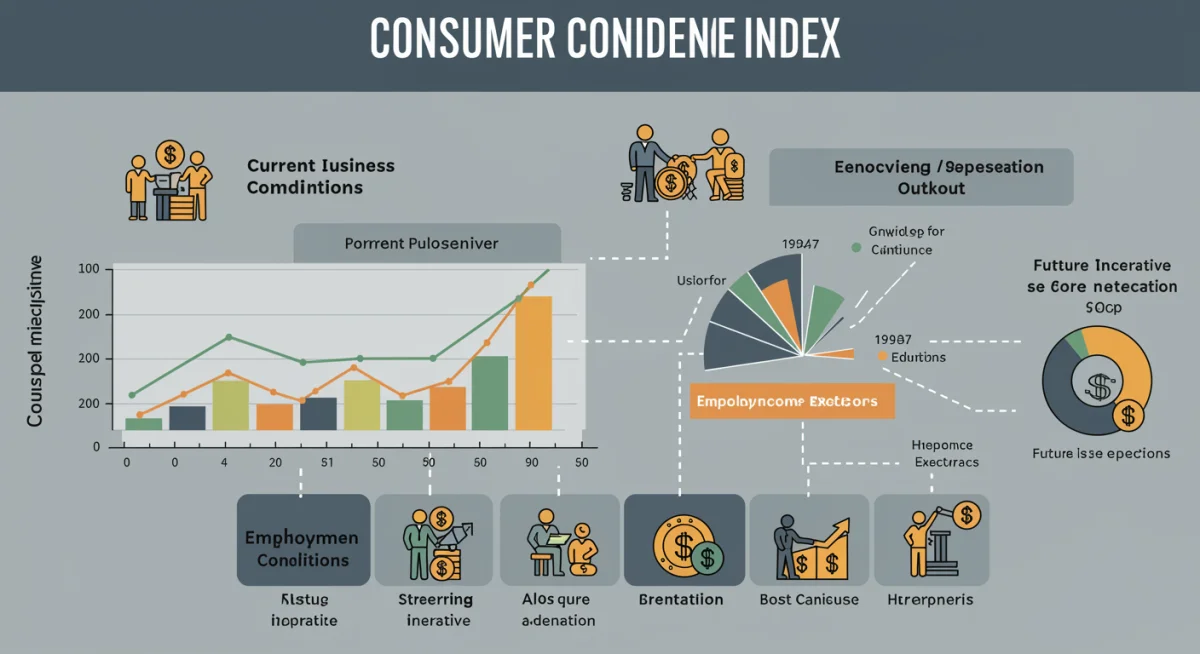 Infographic detailing components of the Consumer Confidence Index, including employment and business conditions.