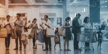 Consumers shopping in a modern retail environment, reflecting future spending trends and economic sentiment.