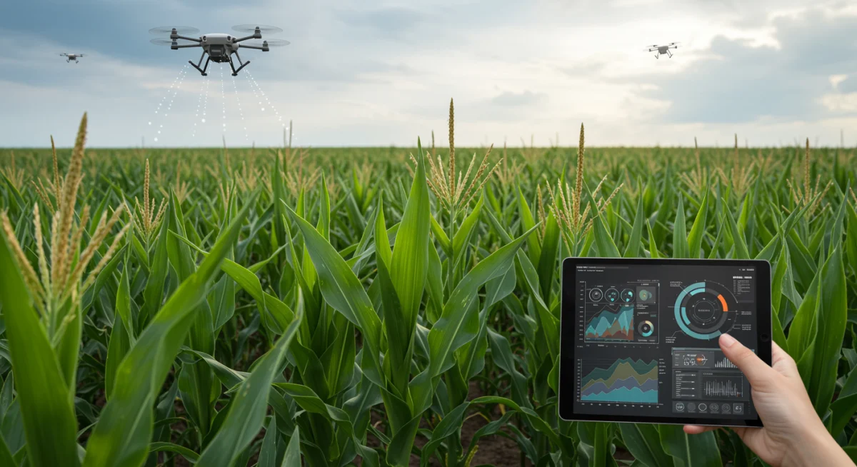 Drones and tablets displaying predictive models for corn crop optimization