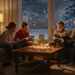 Family staying warm in a cozy living room during winter, emphasizing the comfort provided by energy assistance programs.