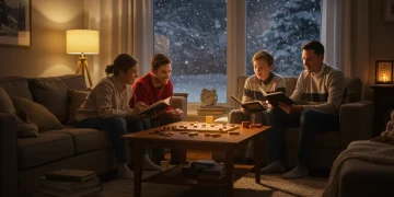 Family staying warm in a cozy living room during winter, emphasizing the comfort provided by energy assistance programs.
