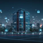 Futuristic cybersecurity mesh protecting a US enterprise network.