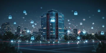 Futuristic cybersecurity mesh protecting a US enterprise network.