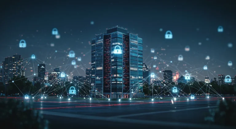 Futuristic cybersecurity mesh protecting a US enterprise network.