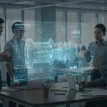Professionals collaborating remotely with a digital twin hologram in a modern office, symbolizing future work efficiency.