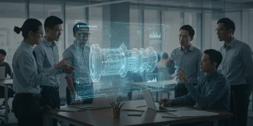 Professionals collaborating remotely with a digital twin hologram in a modern office, symbolizing future work efficiency.