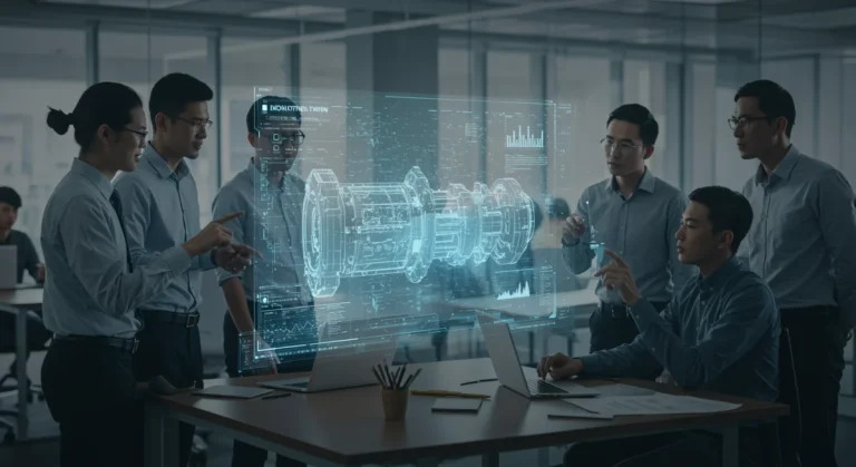 Professionals collaborating remotely with a digital twin hologram in a modern office, symbolizing future work efficiency.