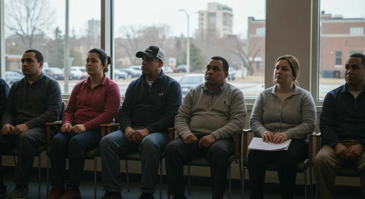 Diverse group of disability applicants in a waiting room, anticipating policy changes