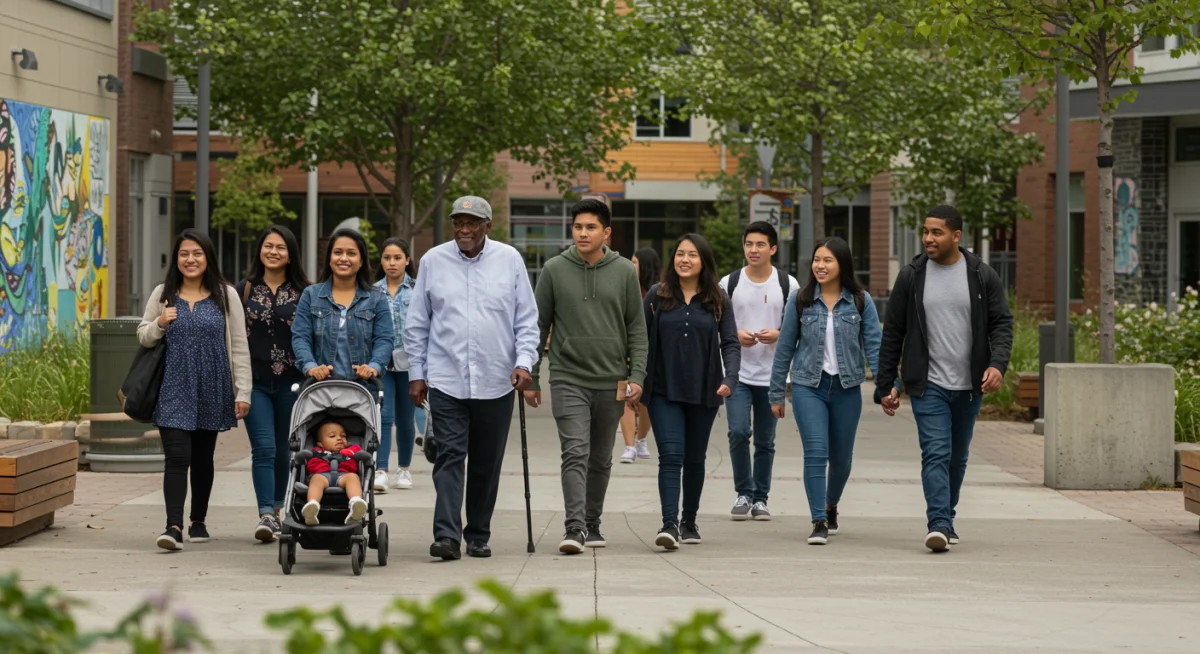 Diverse group of individuals and families walking confidently, symbolizing financial empowerment.