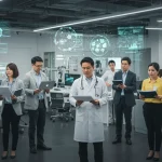 Diverse professionals collaborating in dynamic modern office