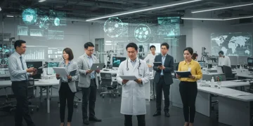 Diverse professionals collaborating in dynamic modern office