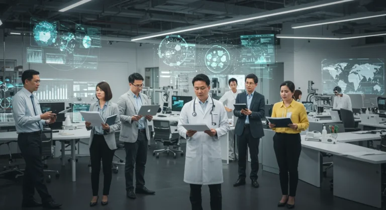 Diverse professionals collaborating in dynamic modern office