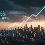 Economic forecast chart showing 1.5% GDP growth for 2026 with a city skyline background.