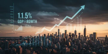 Economic forecast chart showing 1.5% GDP growth for 2026 with a city skyline background.
