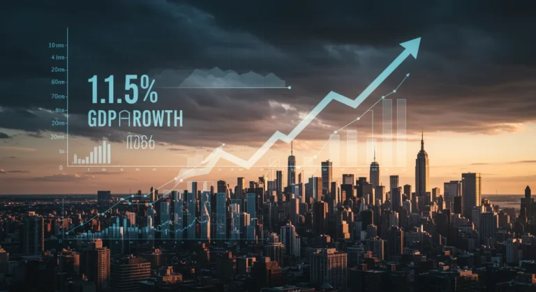 Economic forecast chart showing 1.5% GDP growth for 2026 with a city skyline background.