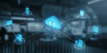 Edge computing devices and cloud server interconnected, representing data flow efficiency and cost savings.