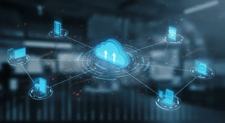 Edge computing devices and cloud server interconnected, representing data flow efficiency and cost savings.