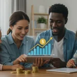 Family smiling, looking at tablet with financial growth graph, symbolizing EITC benefits