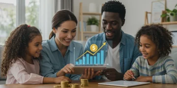 Family smiling, looking at tablet with financial growth graph, symbolizing EITC benefits