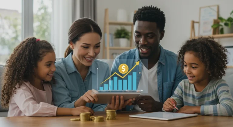 Family smiling, looking at tablet with financial growth graph, symbolizing EITC benefits