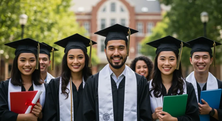 College students celebrating graduation, symbolizing success with financial aid