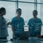 Healthcare professionals analyze explainable AI medical data on a transparent screen, symbolizing compliance and innovation in US healthcare.