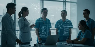 Healthcare professionals analyze explainable AI medical data on a transparent screen, symbolizing compliance and innovation in US healthcare.