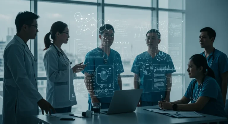Healthcare professionals analyze explainable AI medical data on a transparent screen, symbolizing compliance and innovation in US healthcare.