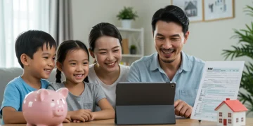 Family reviewing 2026 Child Tax Credit information on a tablet, symbolizing financial planning for children.