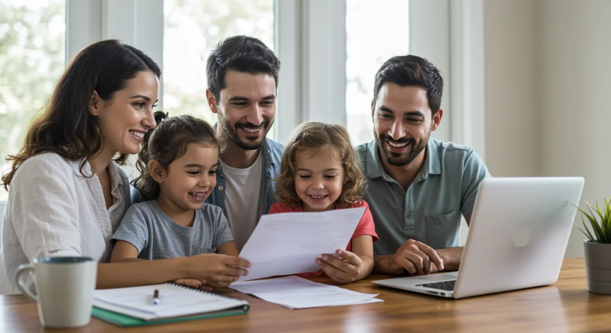 Family reviewing financial aid documents for child care subsidies