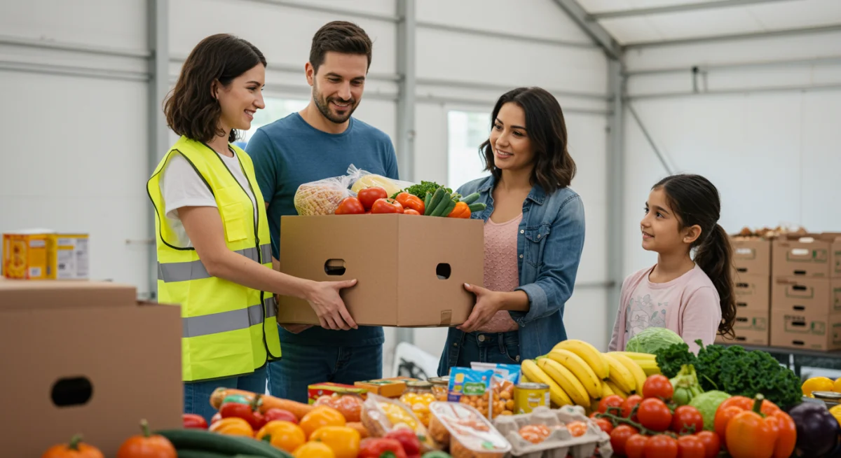 Family receiving groceries from a food bank volunteer