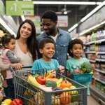 Family happily shopping for groceries with full cart, symbolizing maximized SNAP benefits
