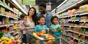 Family happily shopping for groceries with full cart, symbolizing maximized SNAP benefits